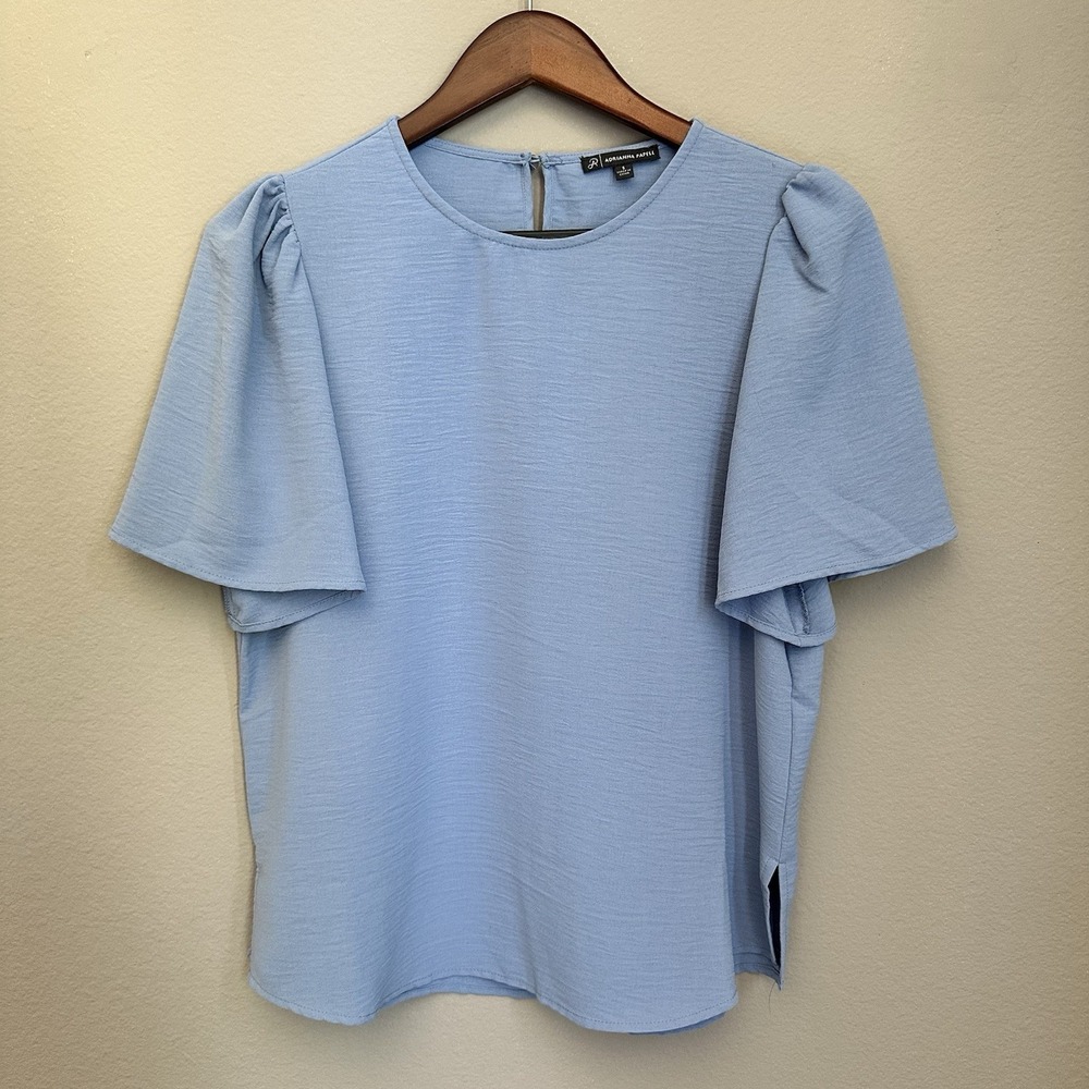 Adrianna Papell Blue Flutter Sleeve Blouse Cape Sleeve Coastal Preppy Work Small